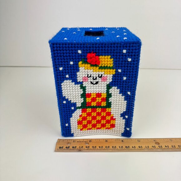 Vtg Handmade Square Blue Tissue Box Cover Snowman Winter Plastic Canvas Yarn - Picture 7 of 11